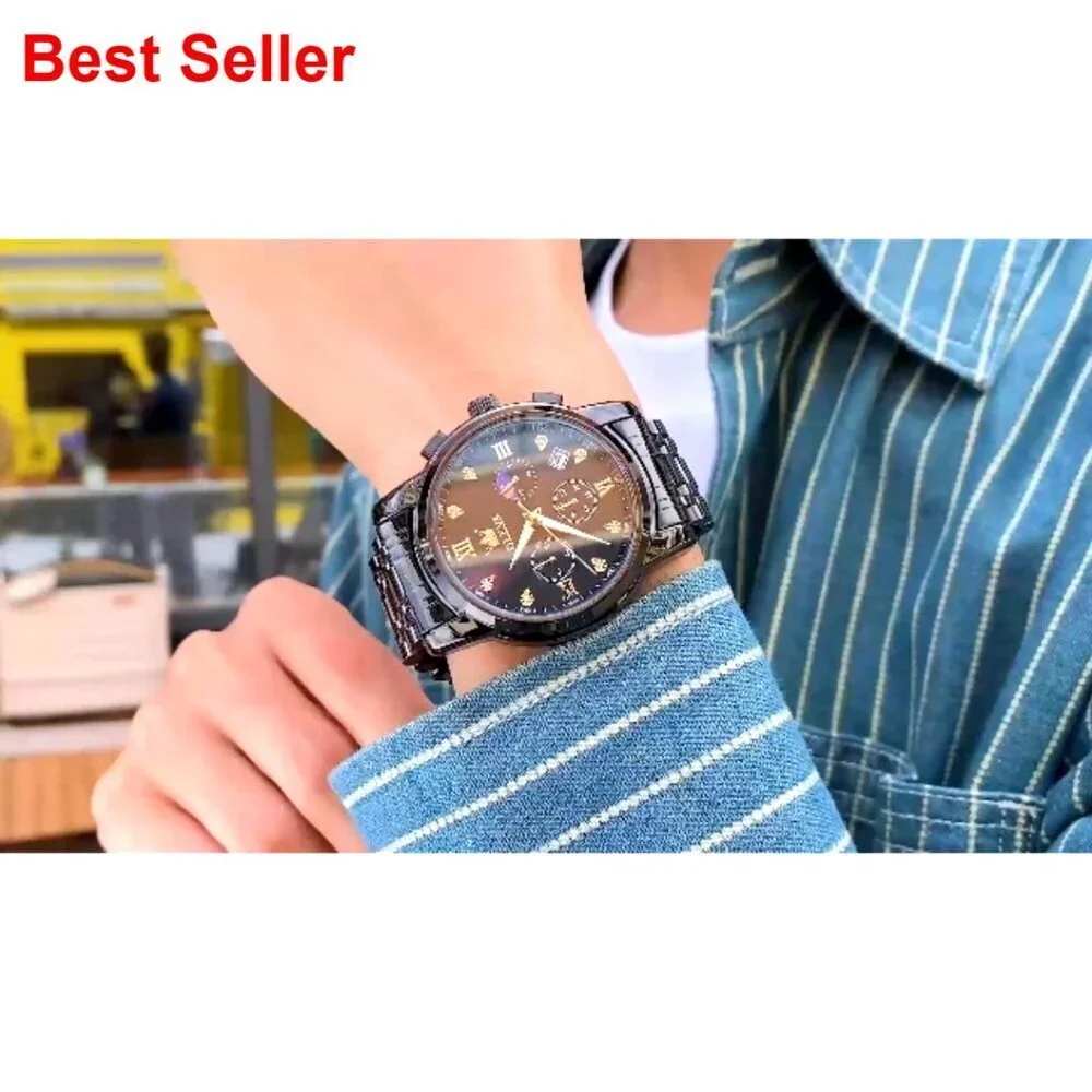 Stainless Steel Moon Phase Chronograph Watch with Date Display